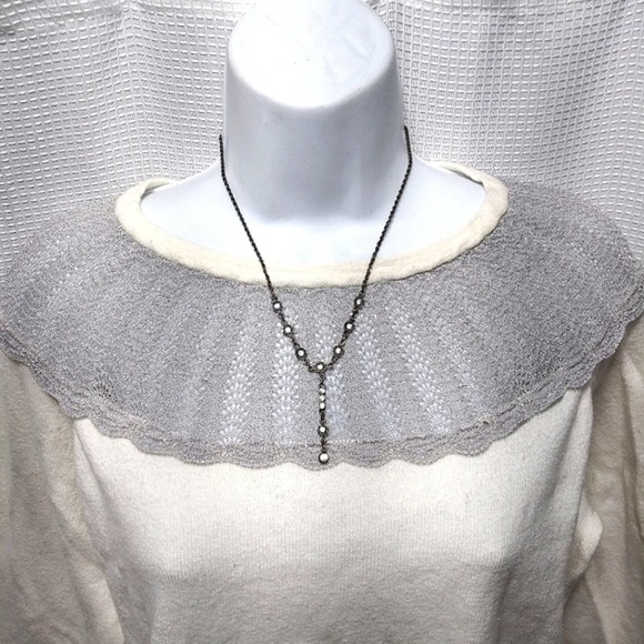 ROMANTIC Vintage Inspired Ivory SWEATER w Silver Metallic Mesh Collar Pearl L - Picture 1 of 10